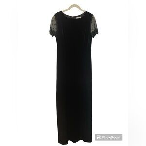 Robbie Bee Black Maxi Dress with Sheer Polka Dot Sleeves